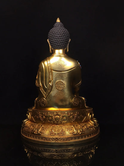 19"Tibetan Temple Collection Old Bronze Cinnabar Gilded Face Painting Mosaic Gem Sakyamuni Buddha Lotus Platform Worship Hall