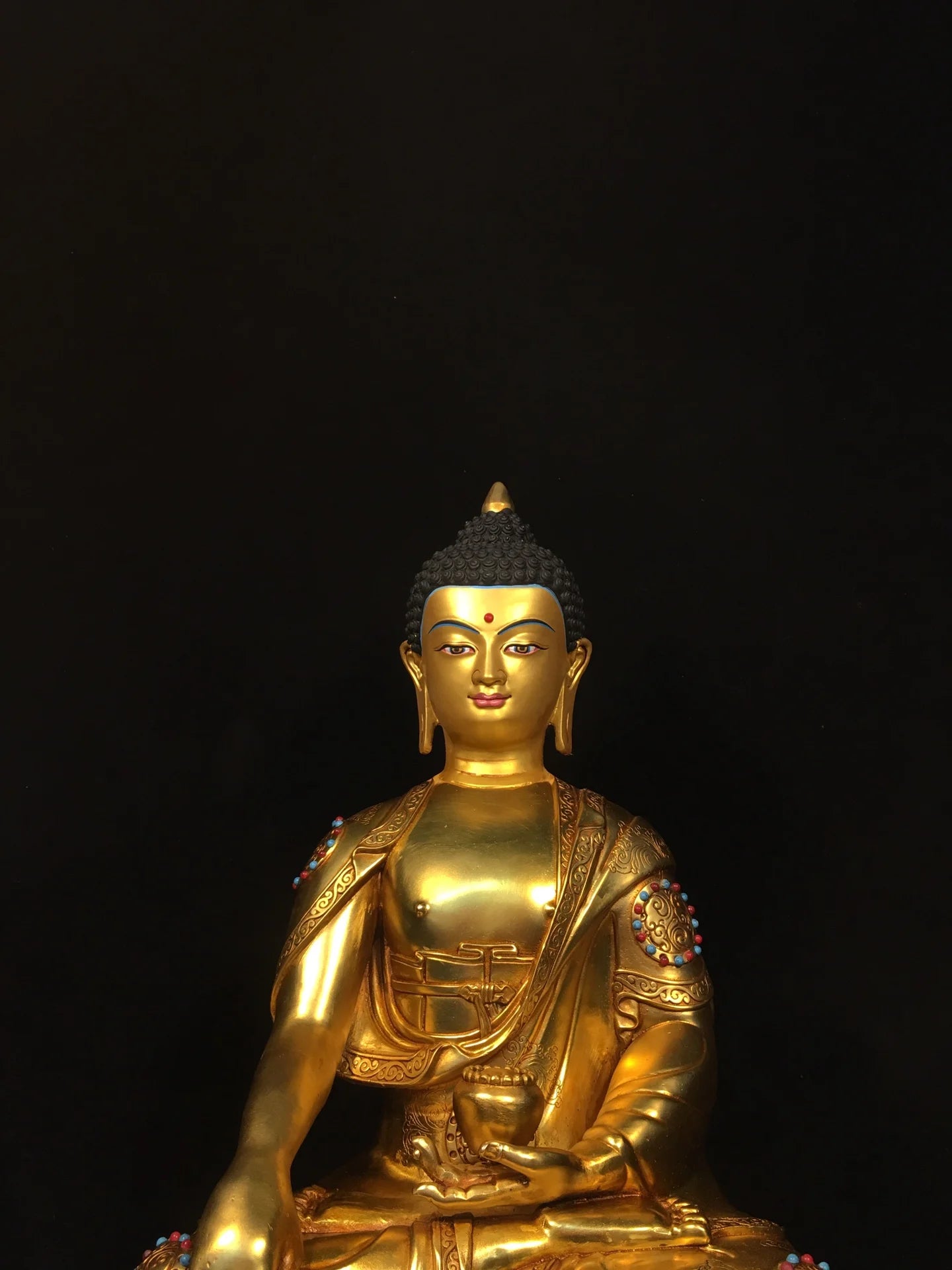 19"Tibetan Temple Collection Old Bronze Cinnabar Gilded Face Painting Mosaic Gem Sakyamuni Buddha Lotus Platform Worship Hall