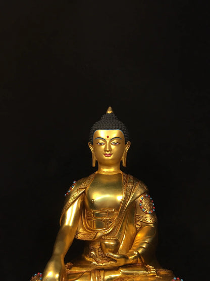 19"Tibetan Temple Collection Old Bronze Cinnabar Gilded Face Painting Mosaic Gem Sakyamuni Buddha Lotus Platform Worship Hall