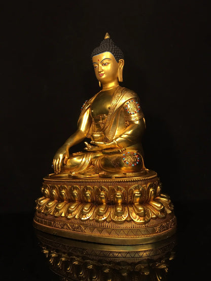 19"Tibetan Temple Collection Old Bronze Cinnabar Gilded Face Painting Mosaic Gem Sakyamuni Buddha Lotus Platform Worship Hall