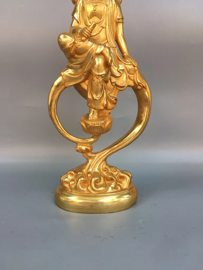19"Tibetan Temple Collection Old Bronze Gilded Flame Backlight Shuiyue Guanyin Bodhisattva Buddha Worship Hall Town house