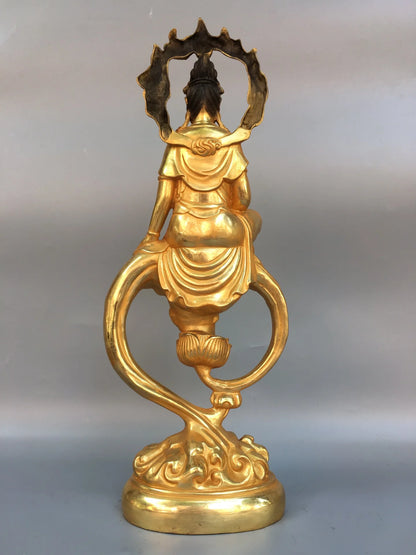 19"Tibetan Temple Collection Old Bronze Gilded Flame Backlight Shuiyue Guanyin Bodhisattva Buddha Worship Hall Town house