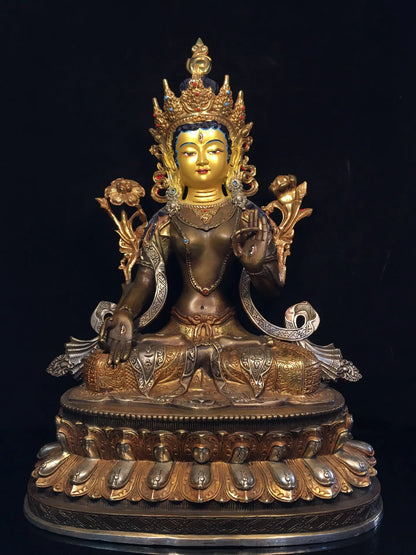 19"Tibetan Temple Collection Old Bronze Gilding Silver Painting Cinnabar Seven eyes Green Tara Bodhisattva Buddha Worship Hall