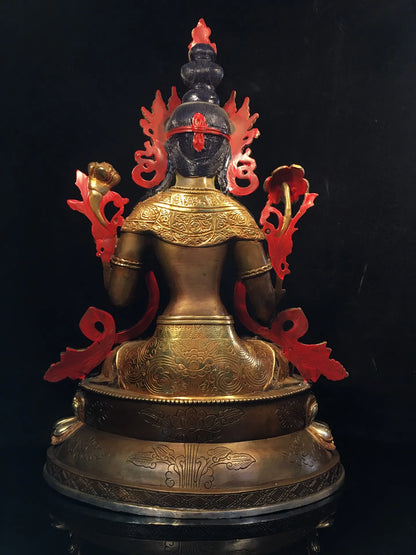 19"Tibetan Temple Collection Old Bronze Gilding Silver Painting Cinnabar Seven eyes Green Tara Bodhisattva Buddha Worship Hall