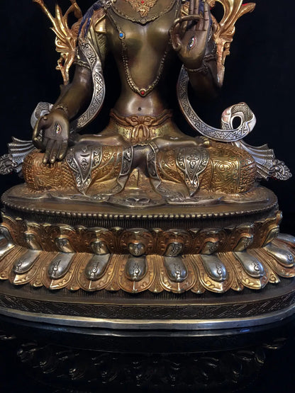 19"Tibetan Temple Collection Old Bronze Gilding Silver Painting Cinnabar Seven eyes Green Tara Bodhisattva Buddha Worship Hall