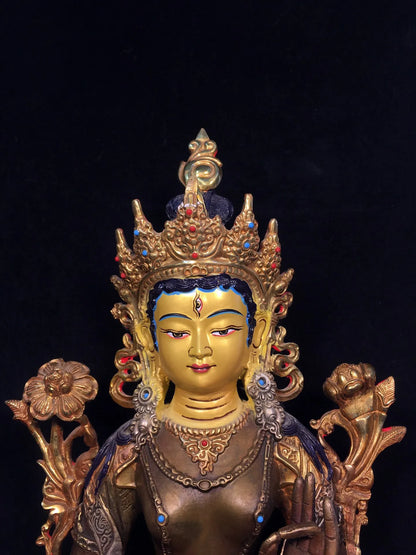 19"Tibetan Temple Collection Old Bronze Gilding Silver Painting Cinnabar Seven eyes Green Tara Bodhisattva Buddha Worship Hall