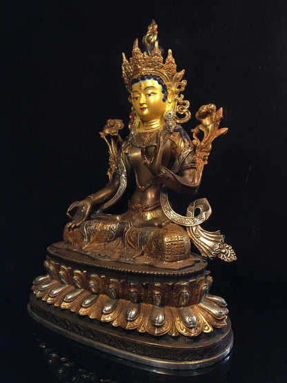 19"Tibetan Temple Collection Old Bronze Gilding Silver Painting Cinnabar Seven eyes Green Tara Bodhisattva Buddha Worship Hall