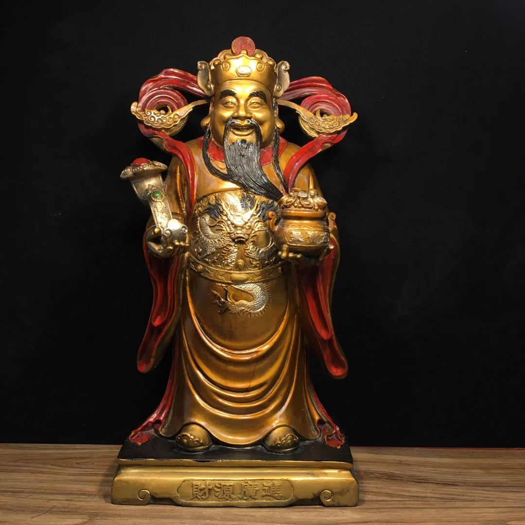 19"Tibetan Temple Collection Old Bronze Painted God of Wealth God Statue Ruyi Treasure Bowl Amass wealth Worship Hall Town house