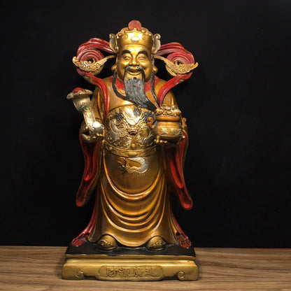 19"Tibetan Temple Collection Old Bronze Painted God of Wealth God Statue Ruyi Treasure Bowl Amass wealth Worship Hall Town house