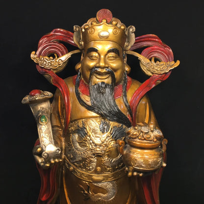 19"Tibetan Temple Collection Old Bronze Painted God of Wealth God Statue Ruyi Treasure Bowl Amass wealth Worship Hall Town house