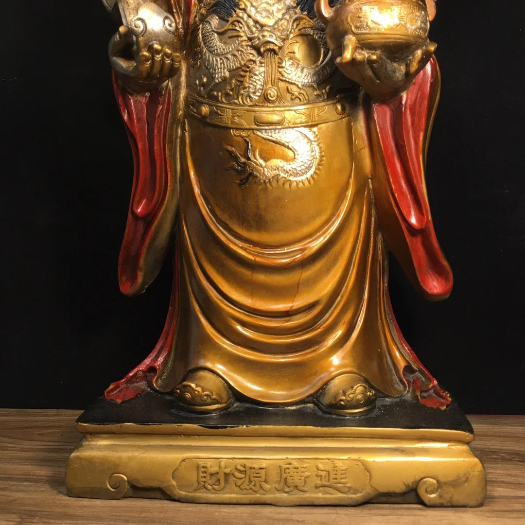 19"Tibetan Temple Collection Old Bronze Painted God of Wealth God Statue Ruyi Treasure Bowl Amass wealth Worship Hall Town house