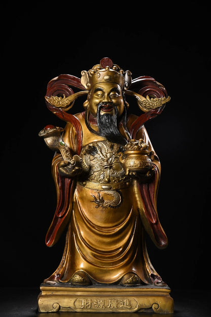 19"Tibetan Temple Collection Old Bronze Painted Ruyi Treasure Bowl God of Wealth Immortal Statue Amass wealth Worship Hall