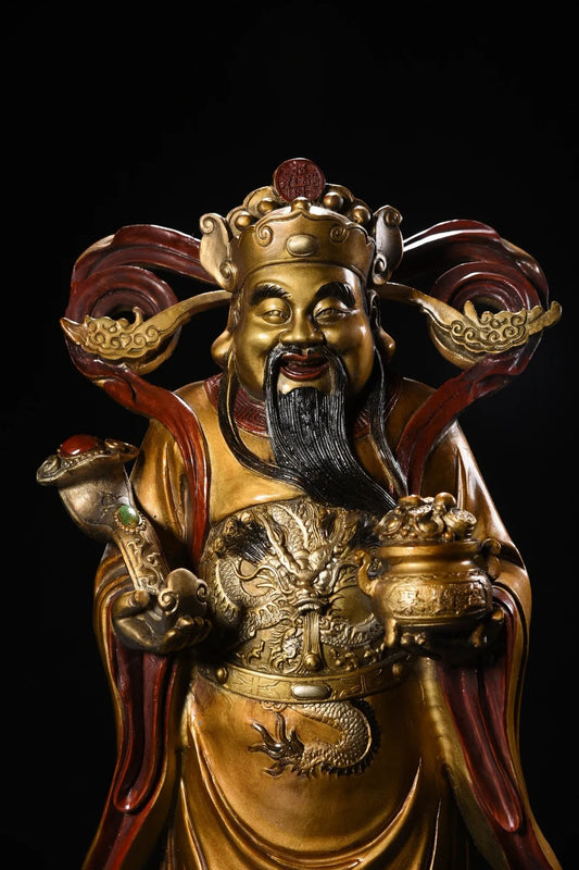 19"Tibetan Temple Collection Old Bronze Painted Ruyi Treasure Bowl God of Wealth Immortal Statue Amass wealth Worship Hall
