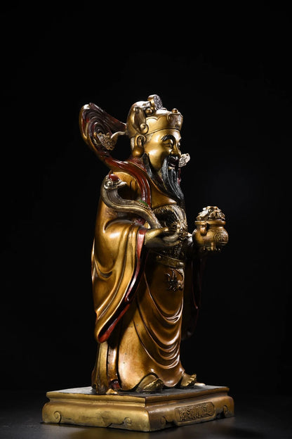 19"Tibetan Temple Collection Old Bronze Painted Ruyi Treasure Bowl God of Wealth Immortal Statue Amass wealth Worship Hall