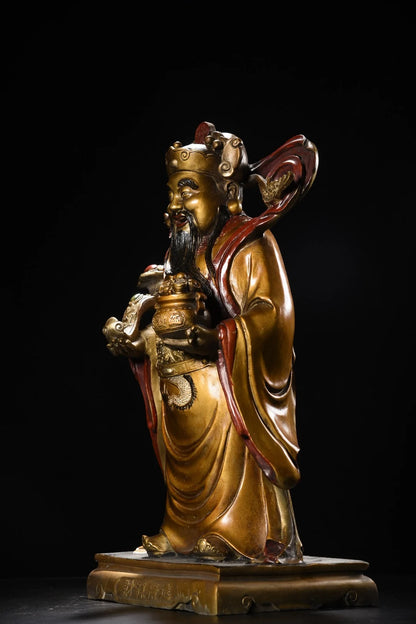 19"Tibetan Temple Collection Old Bronze Painted Ruyi Treasure Bowl God of Wealth Immortal Statue Amass wealth Worship Hall