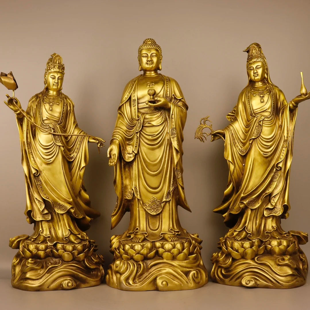 19"Tibetan Temple Collection Old Bronze lotus platform Western Three Saints Shakyamuni Buddha Guanyin set Town house