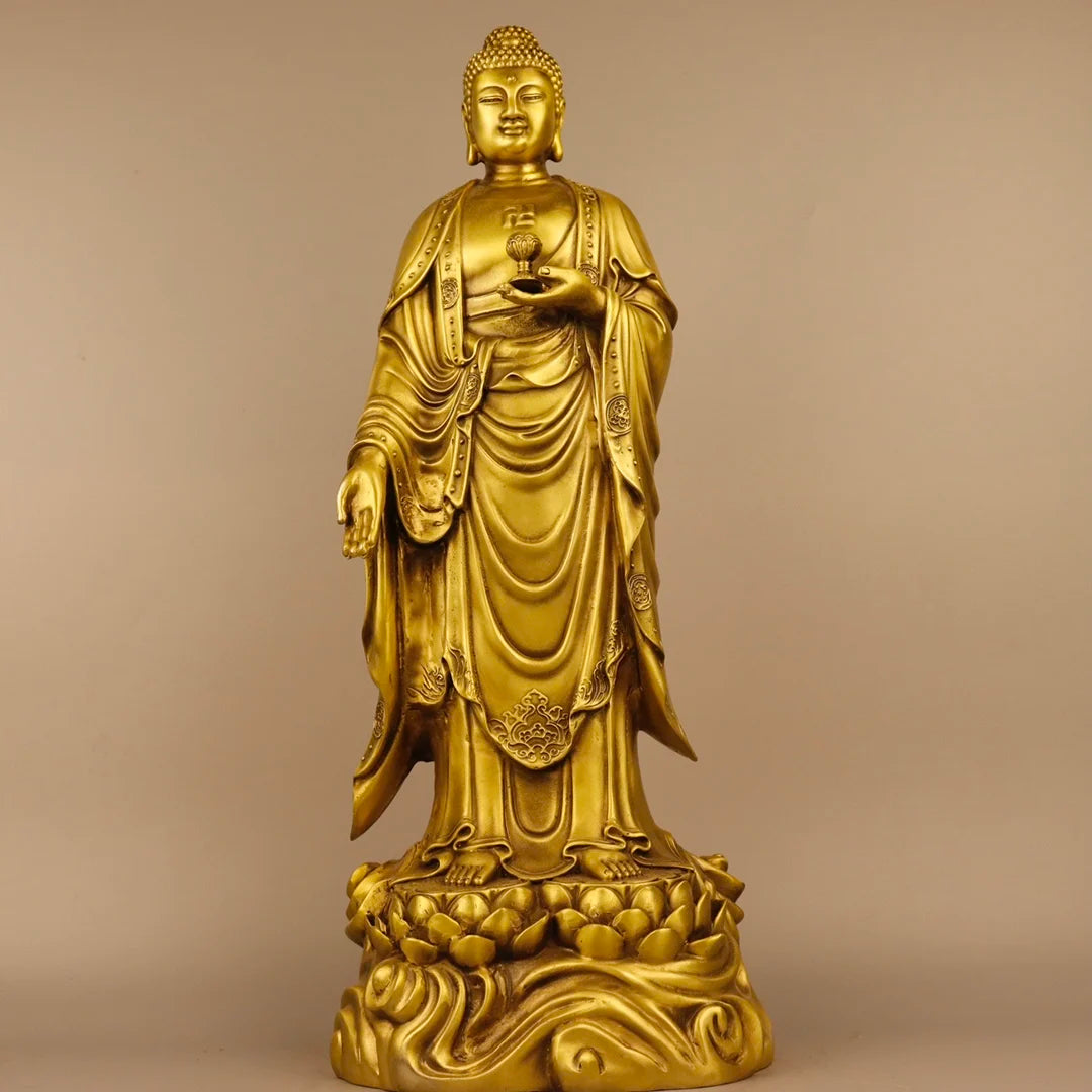 19"Tibetan Temple Collection Old Bronze lotus platform Western Three Saints Shakyamuni Buddha Guanyin set Town house