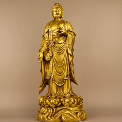 19"Tibetan Temple Collection Old Bronze lotus platform Western Three Saints Shakyamuni Buddha Guanyin set Town house