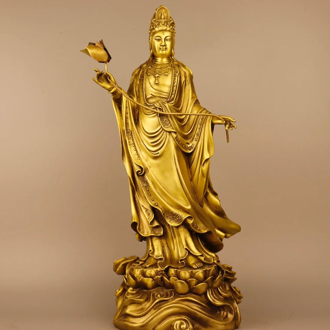 19"Tibetan Temple Collection Old Bronze lotus platform Western Three Saints Shakyamuni Buddha Guanyin set Town house