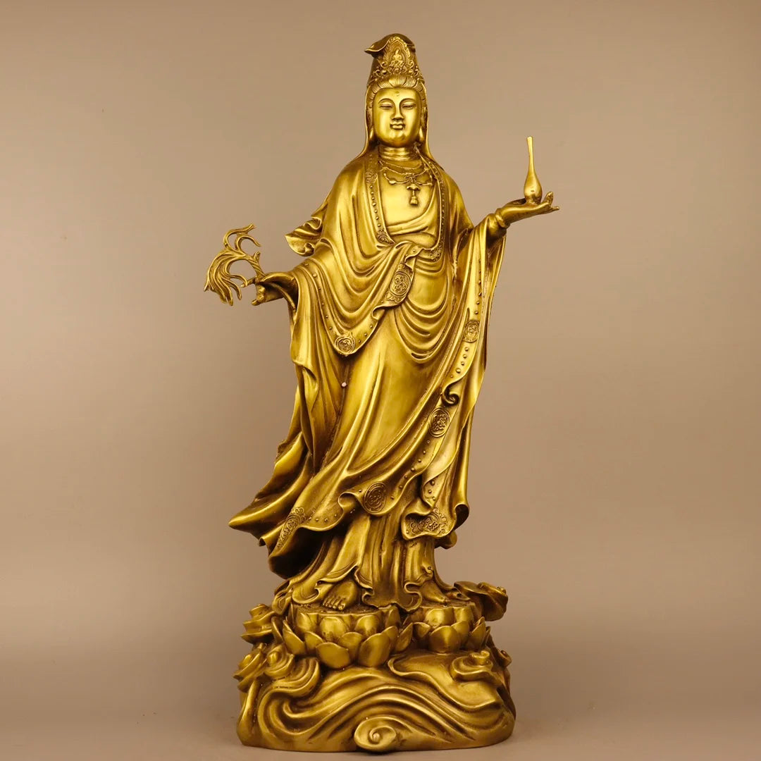 19"Tibetan Temple Collection Old Bronze lotus platform Western Three Saints Shakyamuni Buddha Guanyin set Town house
