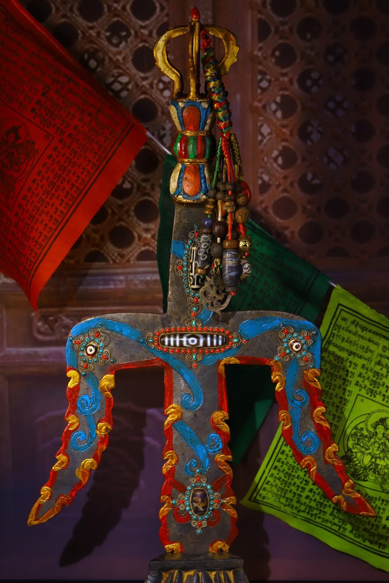 19"Tibetan Temple Collection Old Tiantie Mosaic Gem Dzi Bead Vajra Trident Shape Dharma Buddhist artifact Town House Exorcism