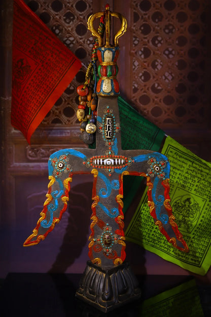 19"Tibetan Temple Collection Old Tiantie Mosaic Gem Dzi Bead Vajra Trident Shape Dharma Buddhist artifact Town House Exorcism