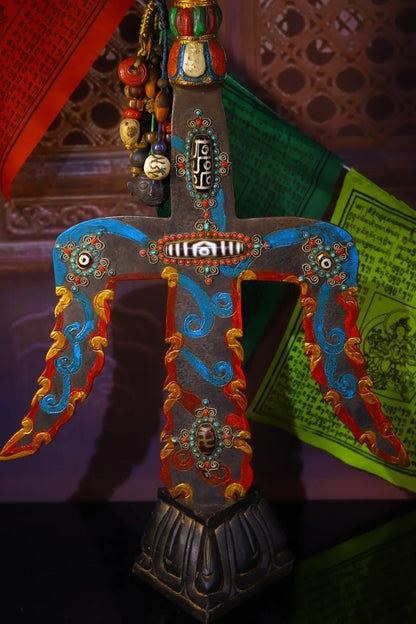 19"Tibetan Temple Collection Old Tiantie Mosaic Gem Dzi Bead Vajra Trident Shape Dharma Buddhist artifact Town House Exorcism
