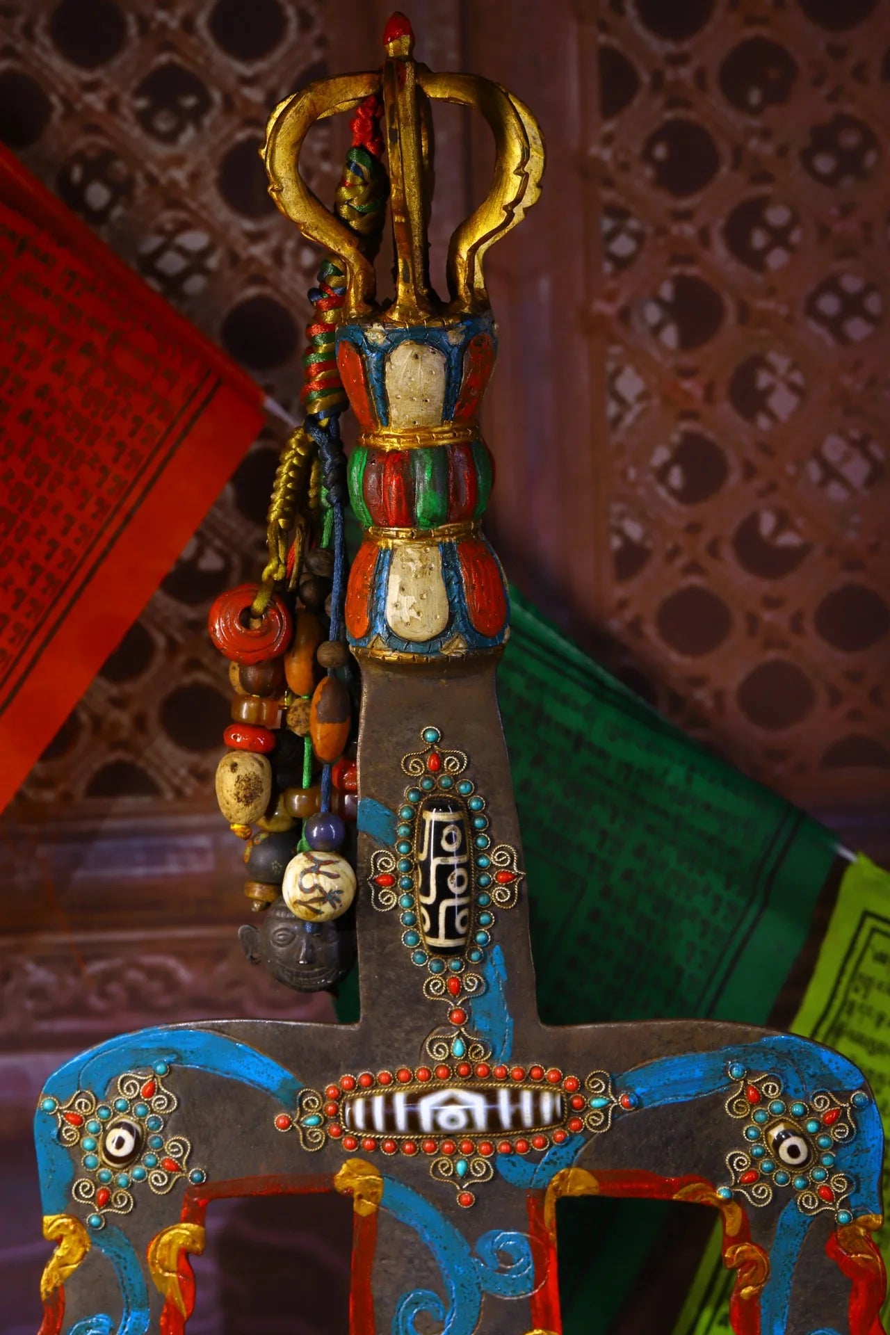 19"Tibetan Temple Collection Old Tiantie Mosaic Gem Dzi Bead Vajra Trident Shape Dharma Buddhist artifact Town House Exorcism