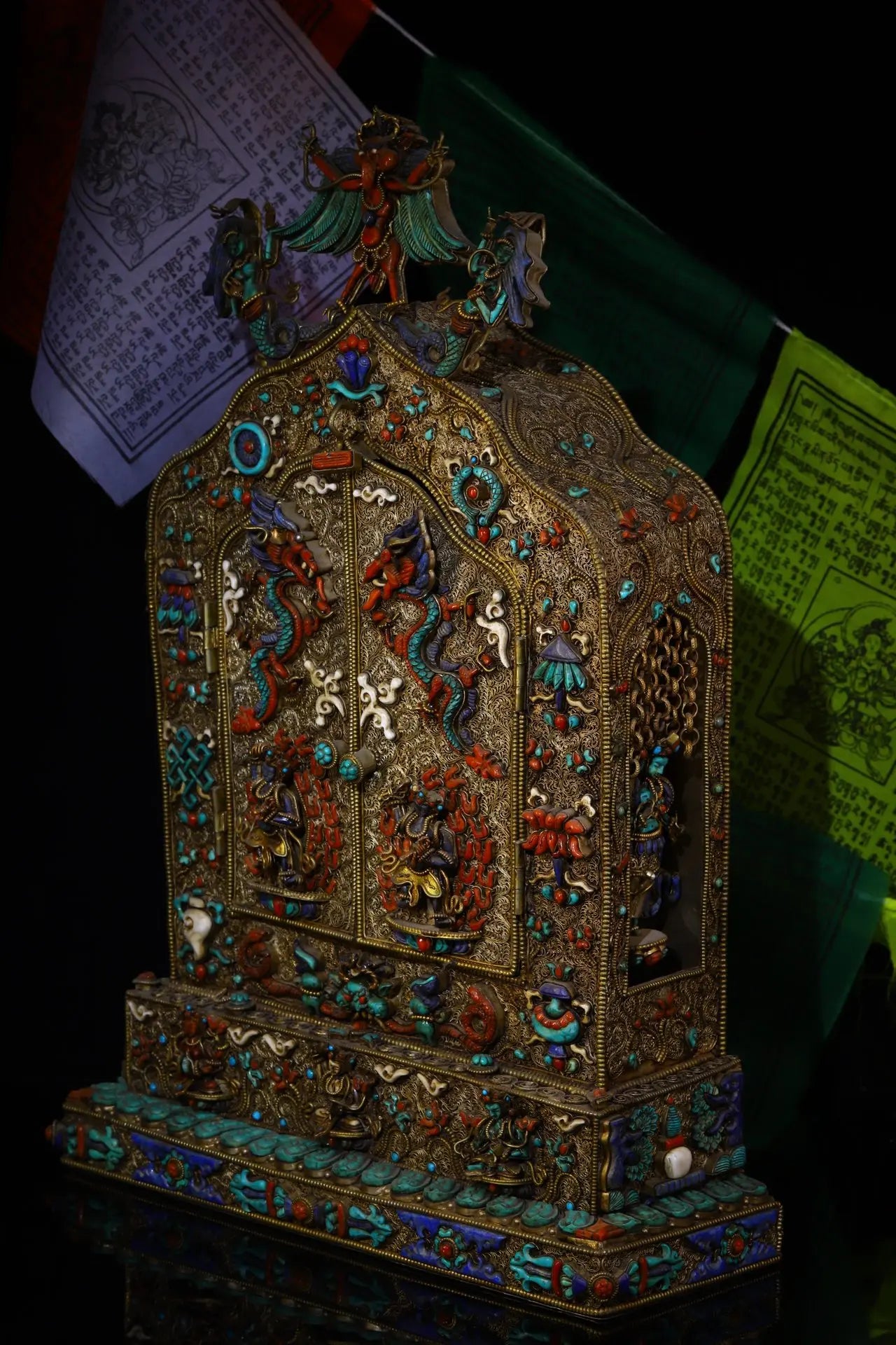 19"Tibetan Temple Collection Old Tibetan silver Gilt Mosaic Gem Dragon pattern Eight-arm Guanyin Buddhist Niche Worship Hall
