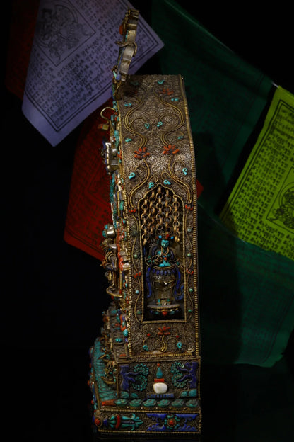 19"Tibetan Temple Collection Old Tibetan silver Gilt Mosaic Gem Dragon pattern Eight-arm Guanyin Buddhist Niche Worship Hall