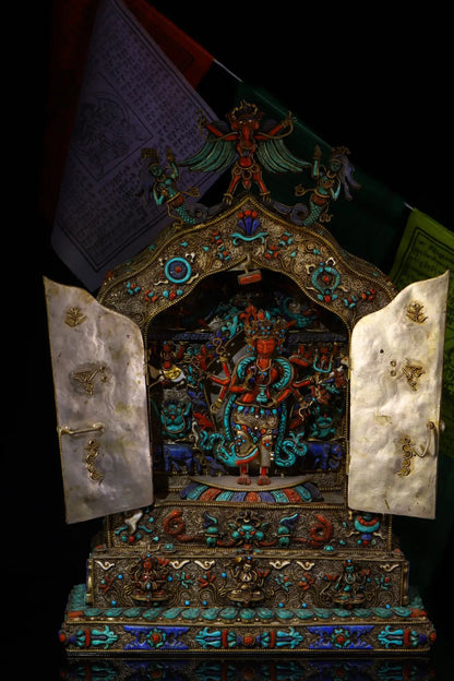 19"Tibetan Temple Collection Old Tibetan silver Gilt Mosaic Gem Dragon pattern Eight-arm Guanyin Buddhist Niche Worship Hall