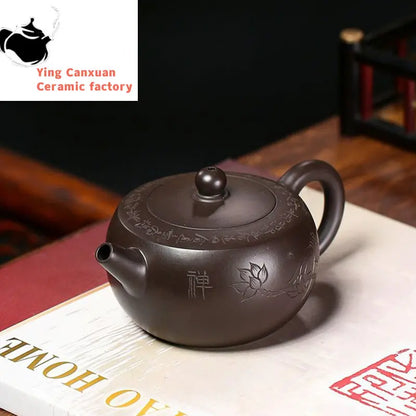 190ml Yixing Purple Clay Teapots Master Hand Carved Lotus Tea Pot Raw Ore Black Mud Beauty Kettle Chinese Handmade Zisha Tea Set