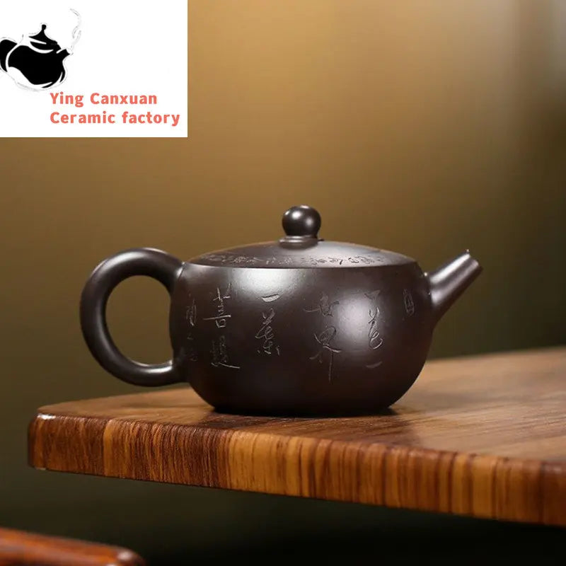 190ml Yixing Purple Clay Teapots Master Hand Carved Lotus Tea Pot Raw Ore Black Mud Beauty Kettle Chinese Handmade Zisha Tea Set