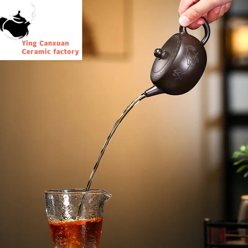 190ml Yixing Purple Clay Teapots Master Hand Carved Lotus Tea Pot Raw Ore Black Mud Beauty Kettle Chinese Handmade Zisha Tea Set