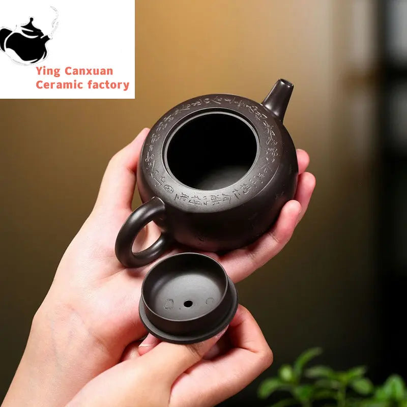 190ml Yixing Purple Clay Teapots Master Hand Carved Lotus Tea Pot Raw Ore Black Mud Beauty Kettle Chinese Handmade Zisha Tea Set