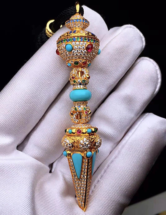 $199 Tibet Nepal Buddhist Buddha phurpa Demon subduing pestle Vajra Turquoise Pendant safety protection Amulet Bring good luck