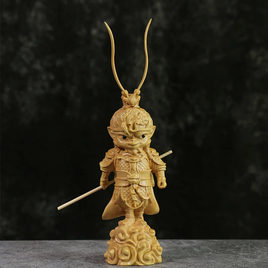 19CM Cartoon Sun Wukong Sculpture Boxwood lucky buddha Statue Cute Monkey King Winning Buddha Home Decor