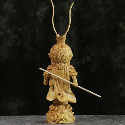 19CM Cartoon Sun Wukong Sculpture Boxwood lucky buddha Statue Cute Monkey King Winning Buddha Home Decor