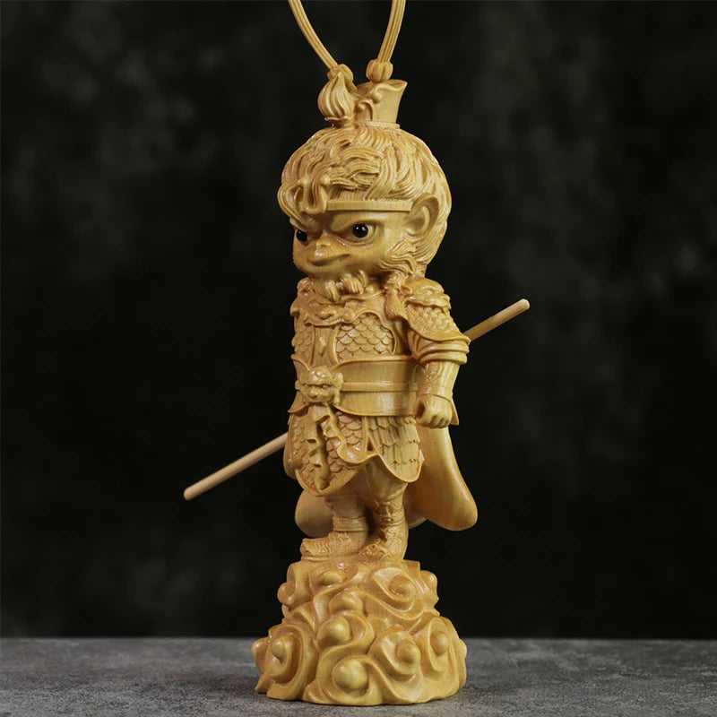 19CM Cartoon Sun Wukong Sculpture Boxwood lucky buddha Statue Cute Monkey King Winning Buddha Home Decor