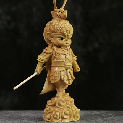 19CM Cartoon Sun Wukong Sculpture Boxwood lucky buddha Statue Cute Monkey King Winning Buddha Home Decor