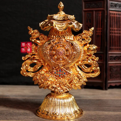 19CM TALL -home efficacious Protection gilding 8 Auspicious Symbols of Buddhism prayer Cakra Practice instruments statue