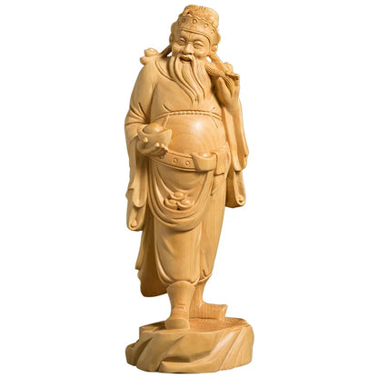 19CM Wealth God Buddha Chinese Myths Legends Figures Sculpture Carving Solid Wood Carving Crafts Decoration Fortuna