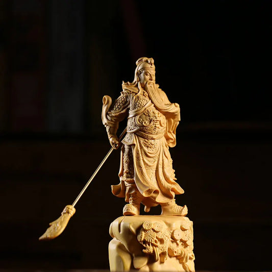 19cm Guan Gong Sculptures Chinese Door God Auspicious Statue Guan Yu Wood Carving Home Wood Decoration Carvings Buddhas Figurine