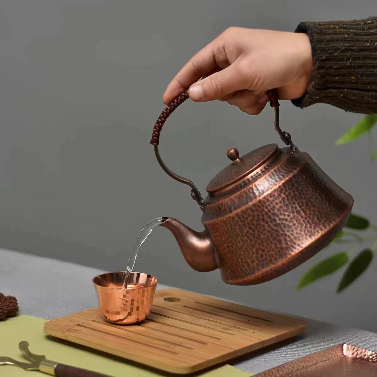 1L Pure Copper Hammer Pattern Teapot Handmade Kettle Boiler Antique Tableware Teaware