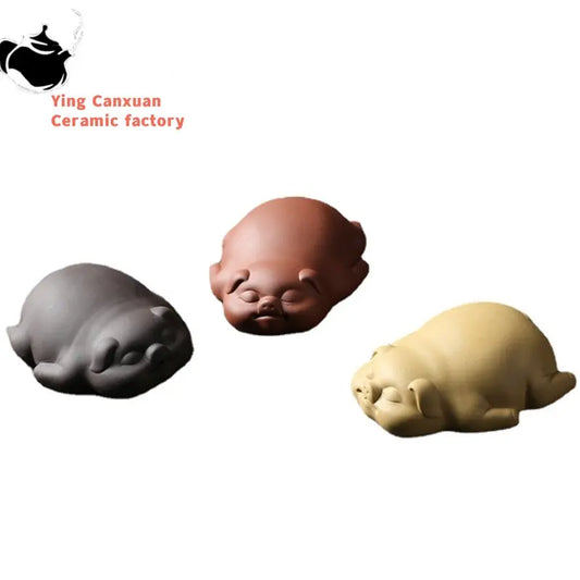 1PCS Lucky Cute Pig Statue Purple Clay Tea Pet Ornaments Desktop Handmade Crafts Chinese Boutique Tea Decoration Accessories