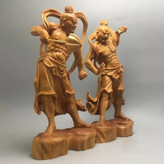 1Pairs Door God Wood Buddha Statue Chinese Heng Ha Two God Boxwood Feng Shui Wood Sculpture Home Decor