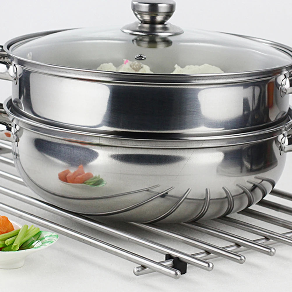 1Pc 28cm Multifunctional Steam Pot Double Layers Stockpot Stainless Steel Steamer Cooking Boiler Silver