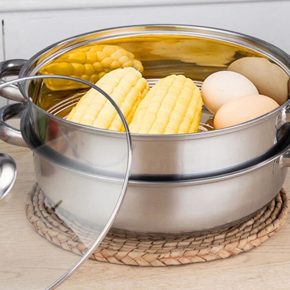 1Pc 28cm Multifunctional Steam Pot Double Layers Stockpot Stainless Steel Steamer Cooking Boiler Silver