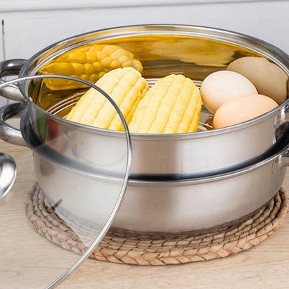 1Pc 28cm Multifunctional Steam Pot Double Layers Stockpot Stainless Steel Steamer Cooking Boiler Silver