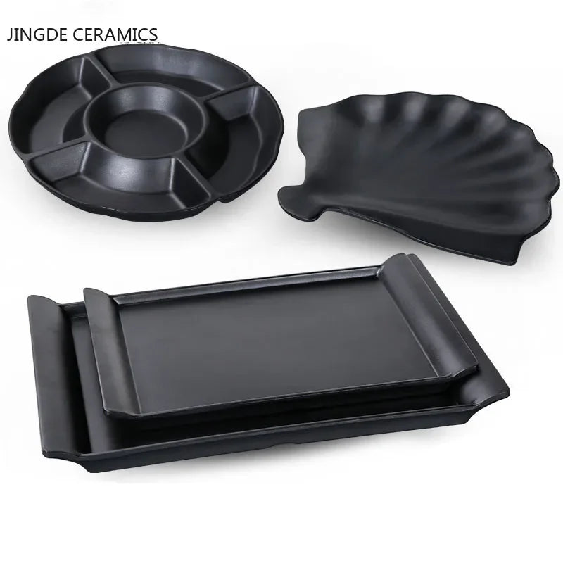 1Pc Black Matte Fan-shaped Melamine Plate Tableware Western Steak Salad Dessert Cake Sushi Snack Tea Tray Storage Plate